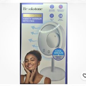 NWT Brookstone Illuminated Makeup Vanity Mirror With Built In Fan.